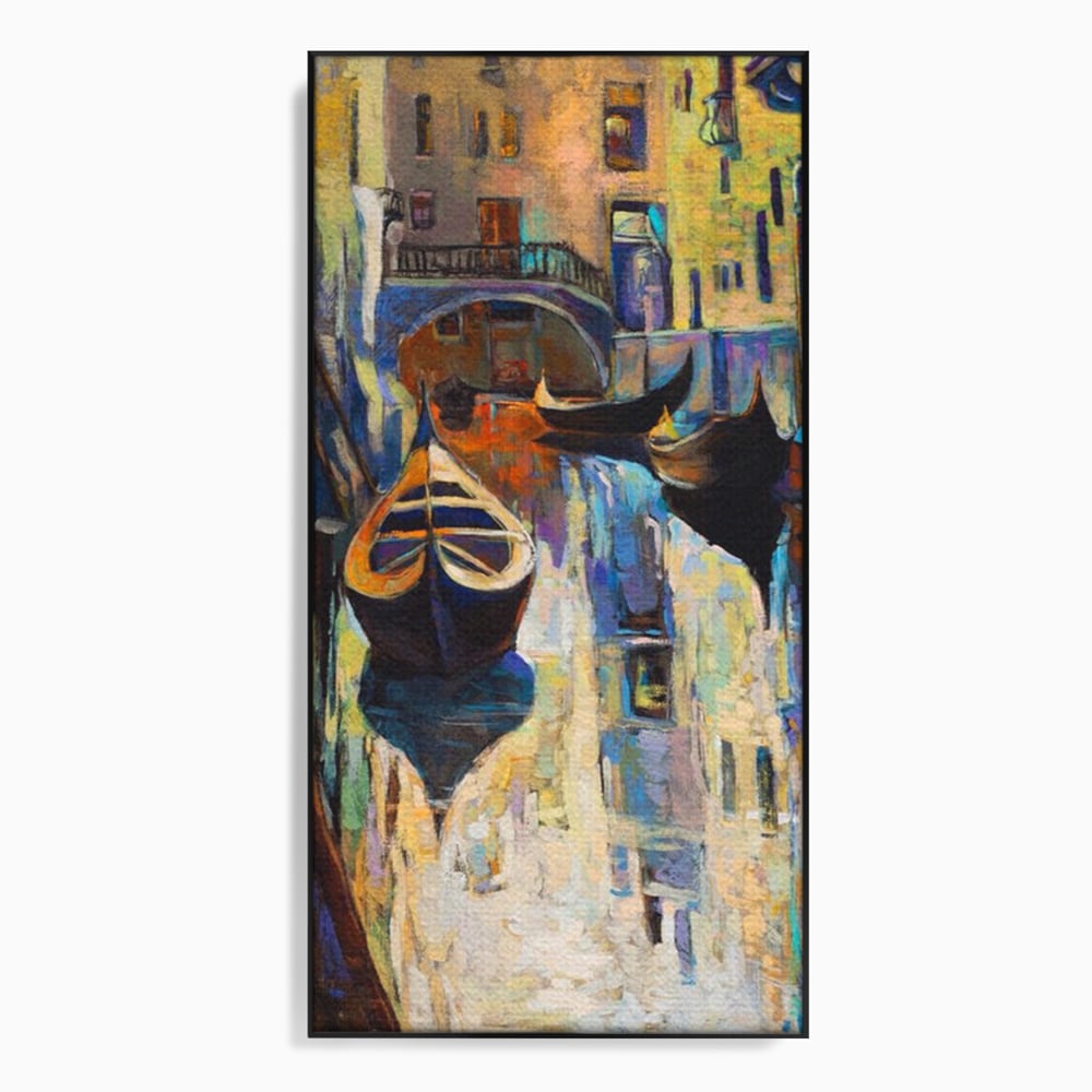 Tablou canvas cu pictura canvas cu gondole in venetia, in rama de aluminiu negru